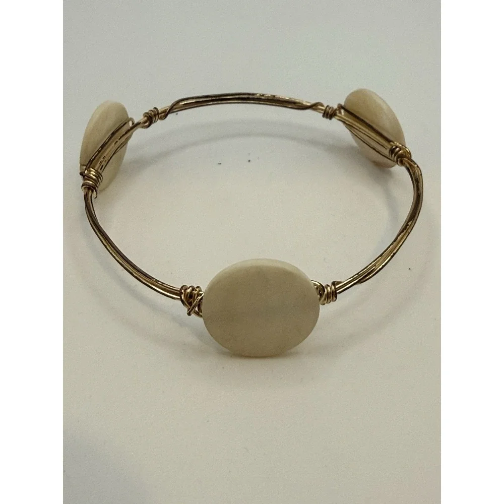 Wire Wrapped Bangle Bracelet Cream Stone Or Shell Size 7.75